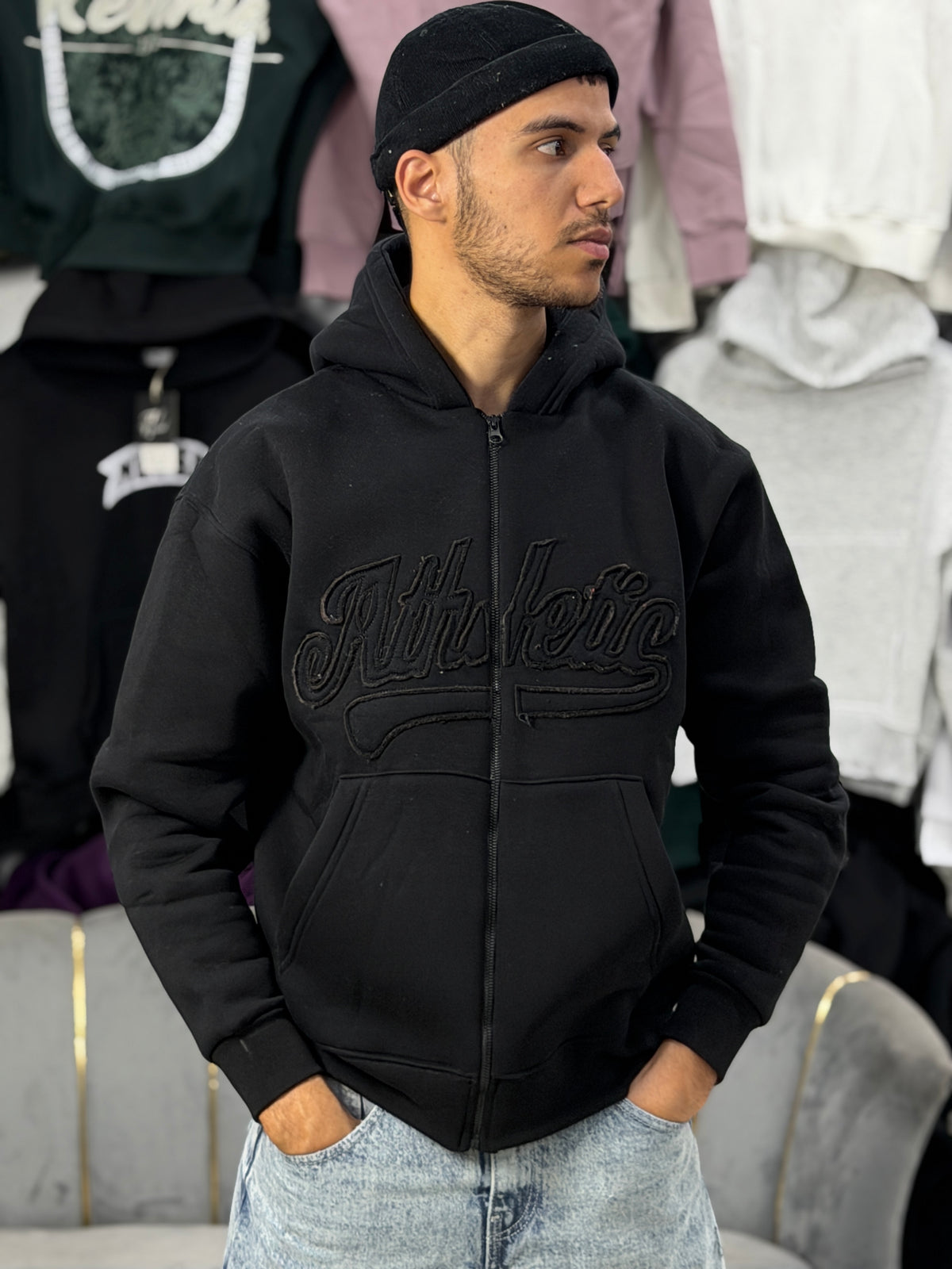 ATHLETIC ZIPPER HOODIE - BLACK