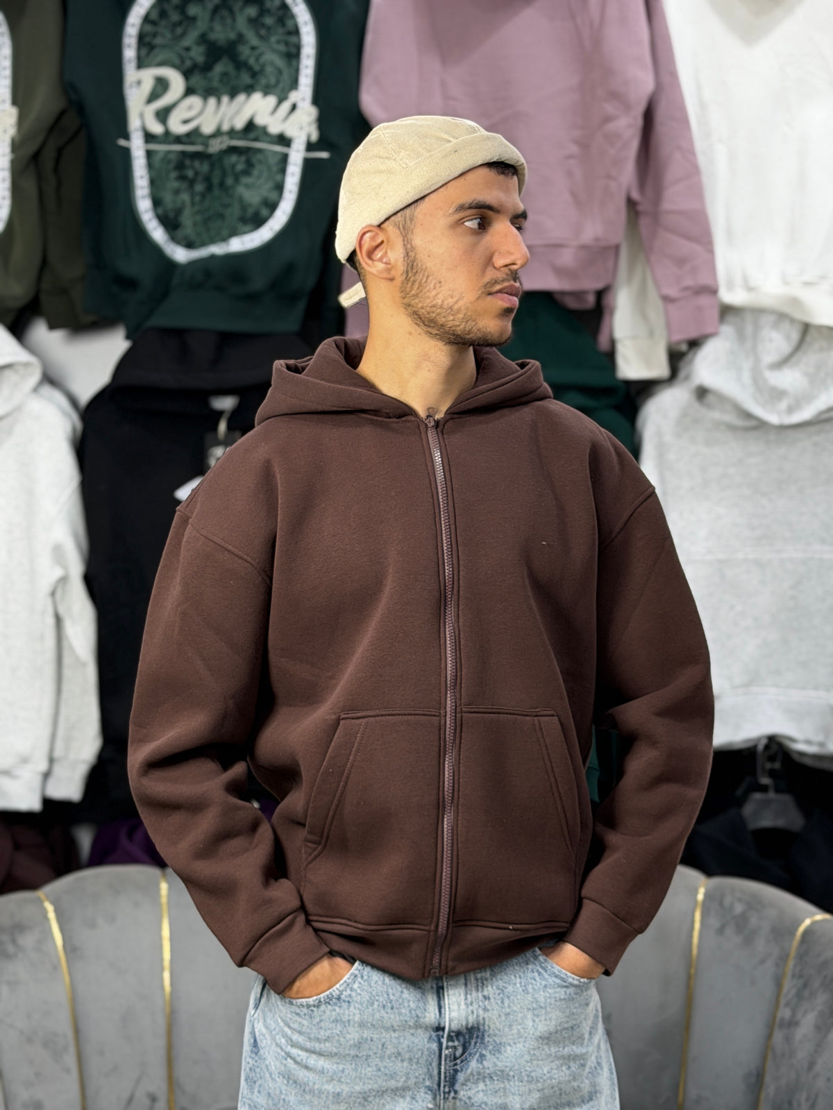 ZIPPER OVERSIZED HOODIE - BROWN