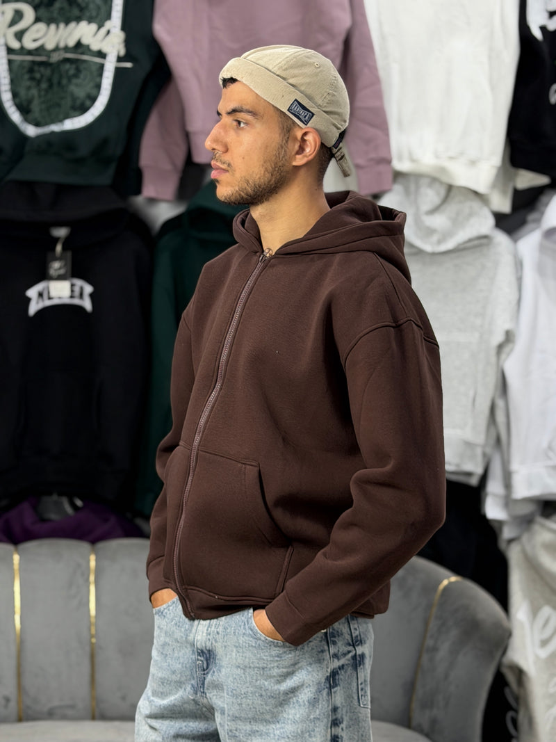 ZIPPER OVERSIZED HOODIE - BROWN