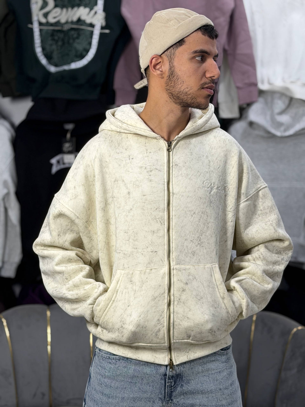 REBEL ZIPPER HOODIE - BEIGE
