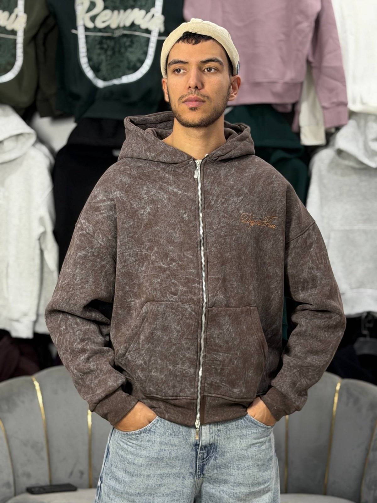 REBEL ZIPPER HOODIE - BROWN