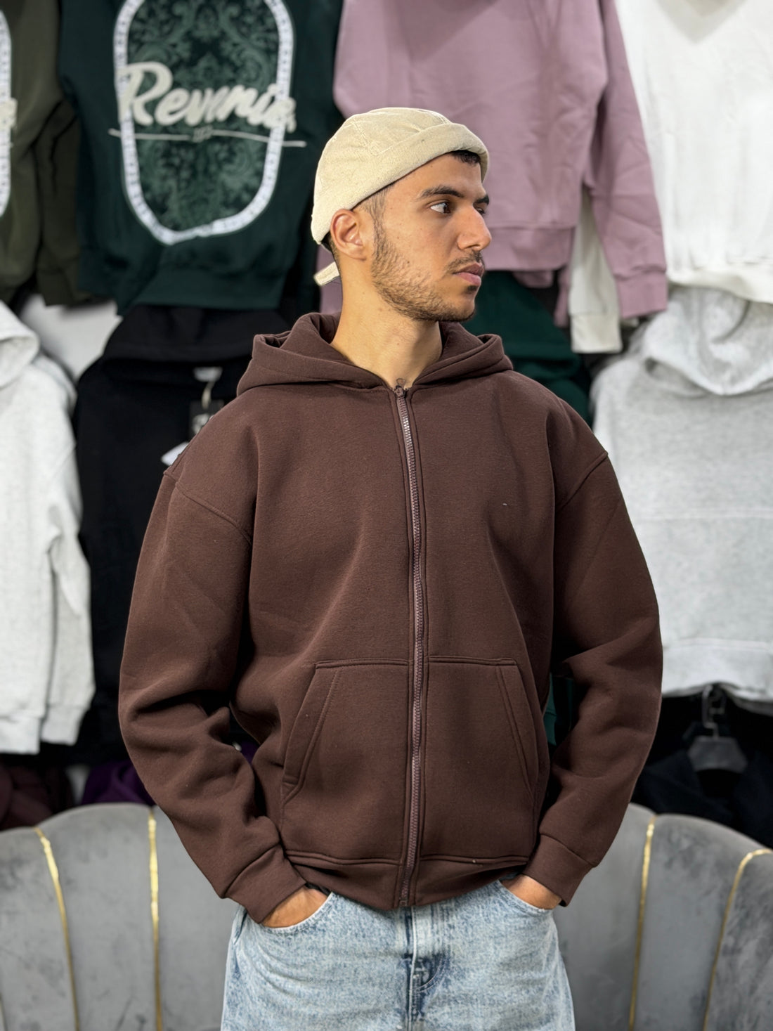ZIPPER OVERSIZED HOODIE - BROWN