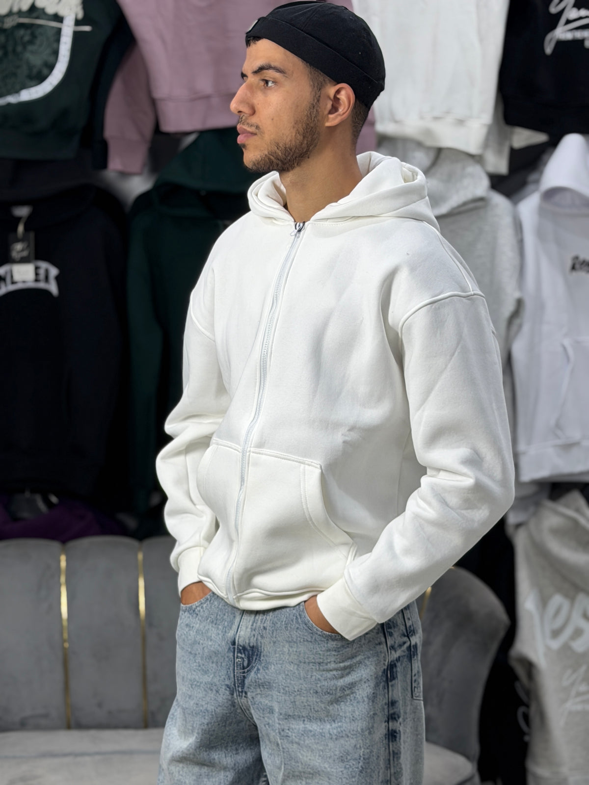 ZIPPER OVERSIZED HOODIE - WHITE