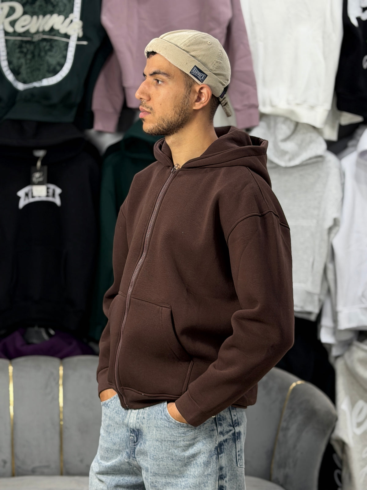 ZIPPER OVERSIZED HOODIE - BROWN