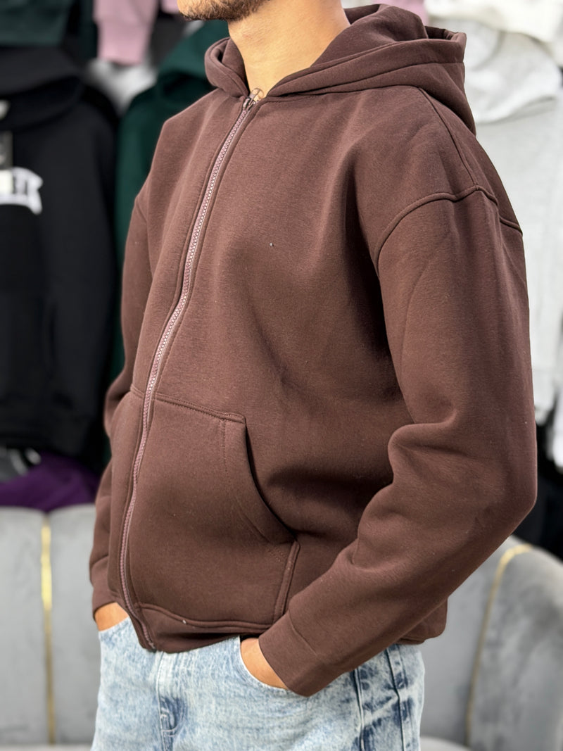 ZIPPER OVERSIZED HOODIE - BROWN