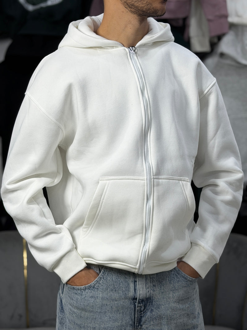 ZIPPER OVERSIZED HOODIE - WHITE
