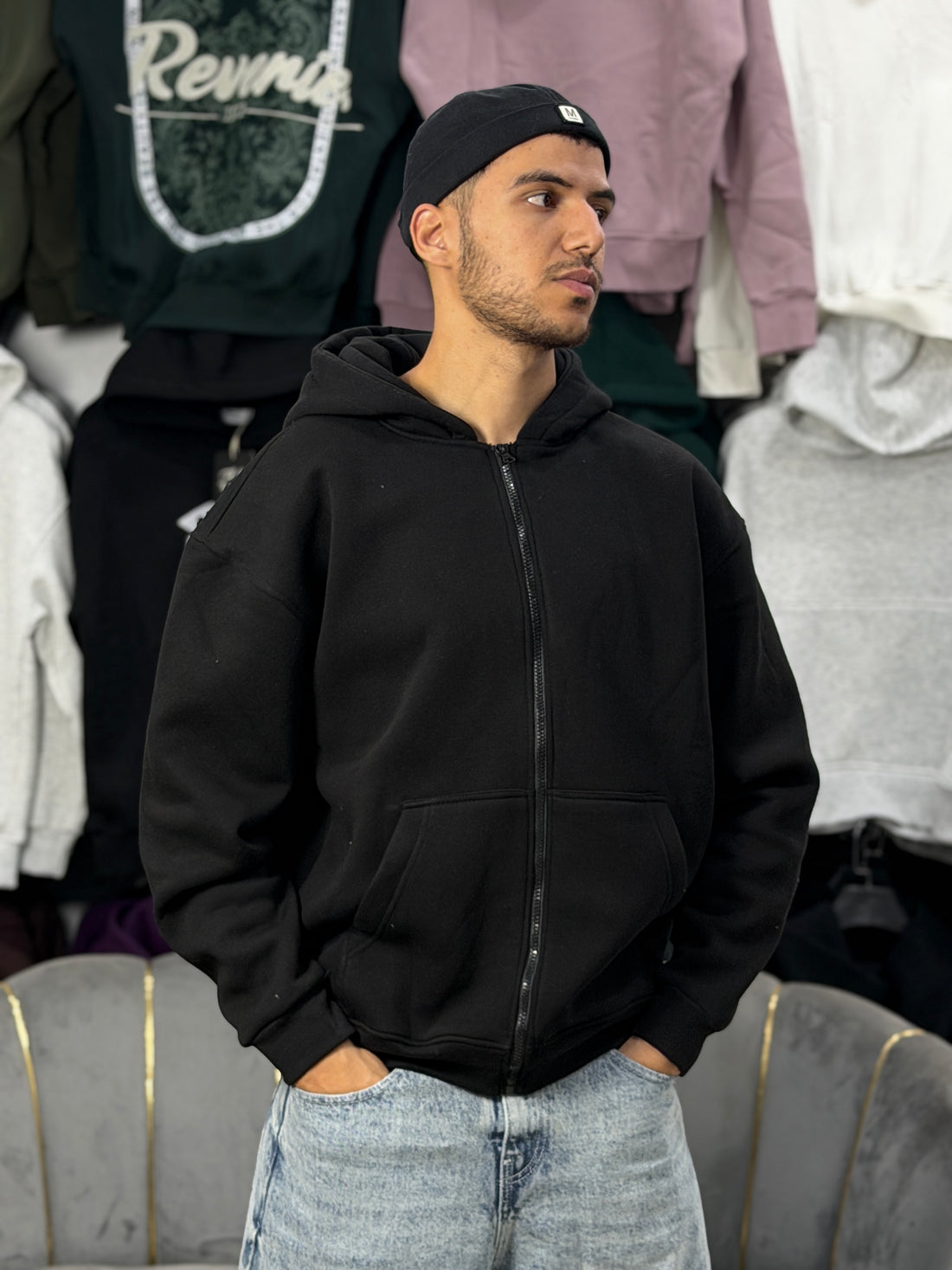 ZIPPER OVERSIZED HOODIE - BLACK
