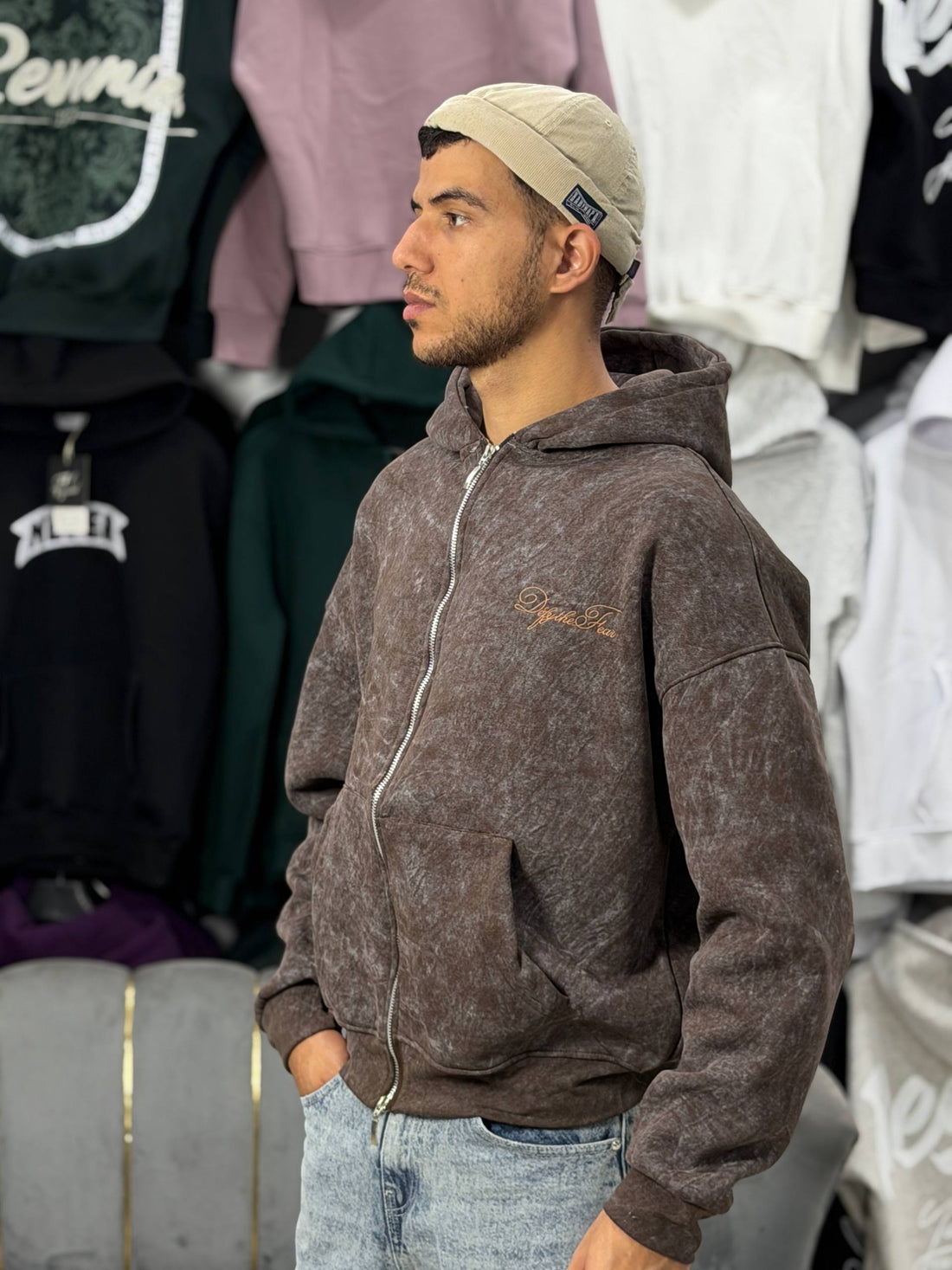REBEL  ZIPPER HOODIE - BROWN