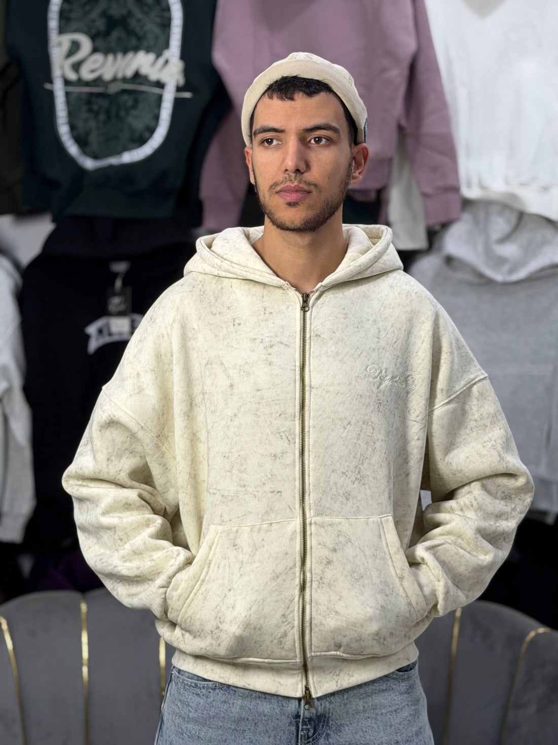 REBEL ZIPPER HOODIE - BEIGE